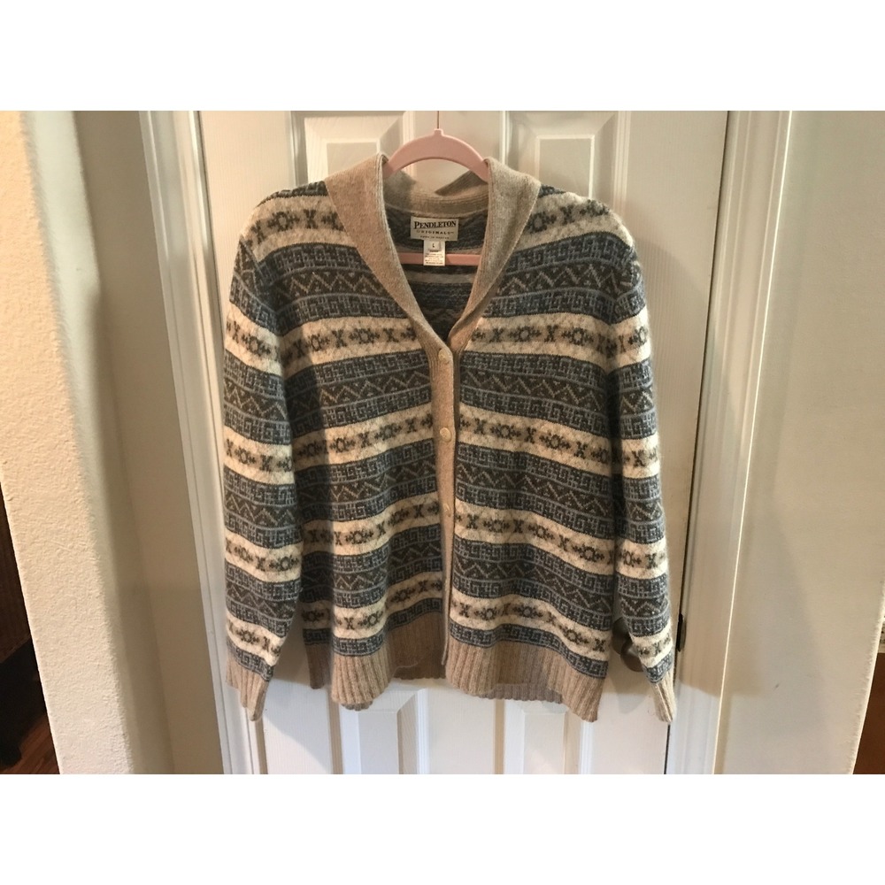 Pendleton Original Womens Lambs Wool Angora Fair Isle Shawl Cardigan Sweater Tan